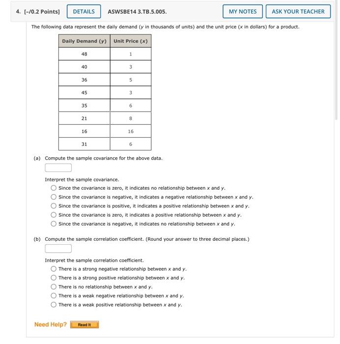 Solved The following data represent the daily demand ( y in | Chegg.com