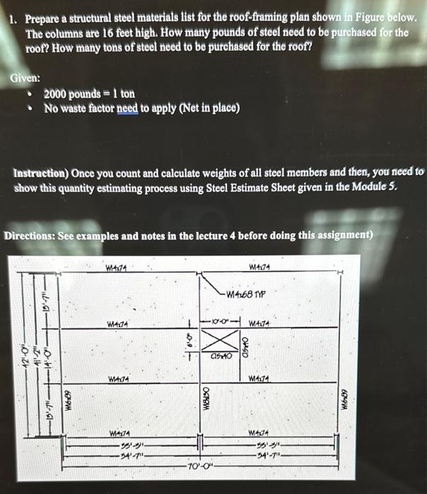 Solved 1. Prepare a structural steel materials list for the | Chegg.com