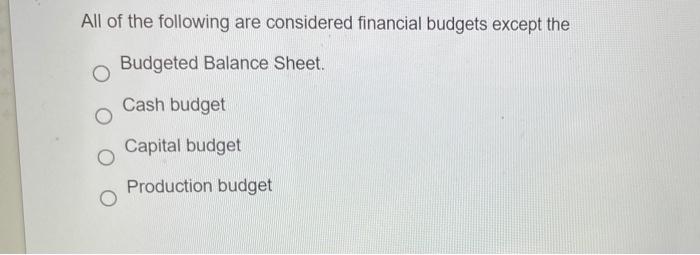 Solved All Of The Following Are Considered Financial Budgets | Chegg.com