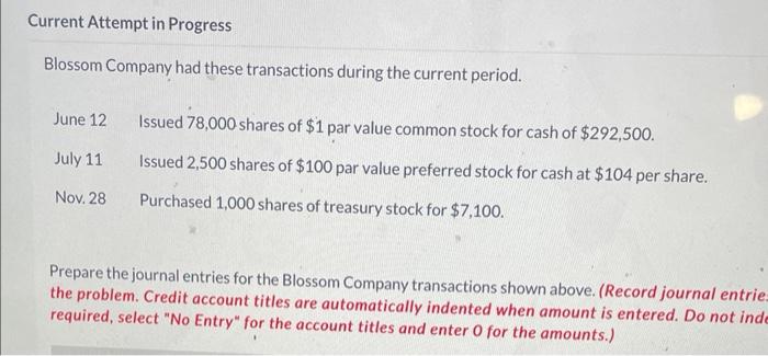 Solved Blossom Company Had These Transactions During The | Chegg.com