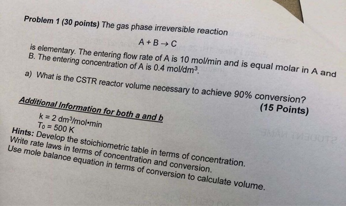 Solved Problem 1 (30 points) The gas phase irreversible | Chegg.com