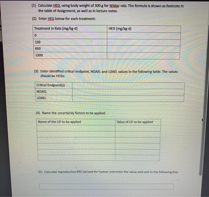 (1) Calculate HER, using body weight of 300 g for Wistar rats. The formula is shown as footnote in the table of Assignment, a