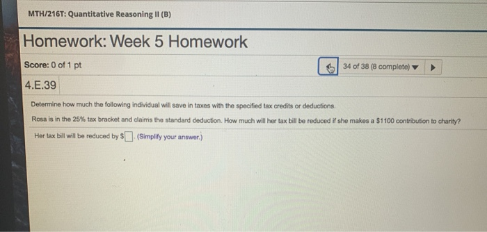 Solved MTH/216T: Quantitative Reasoning II (B) Homework: | Chegg.com