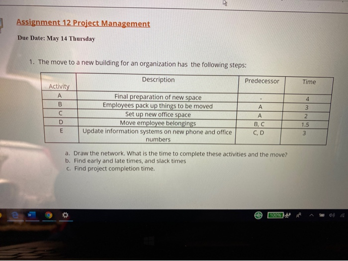 Solved Assignment 12 Project Management Due Date: May 14 | Chegg.com