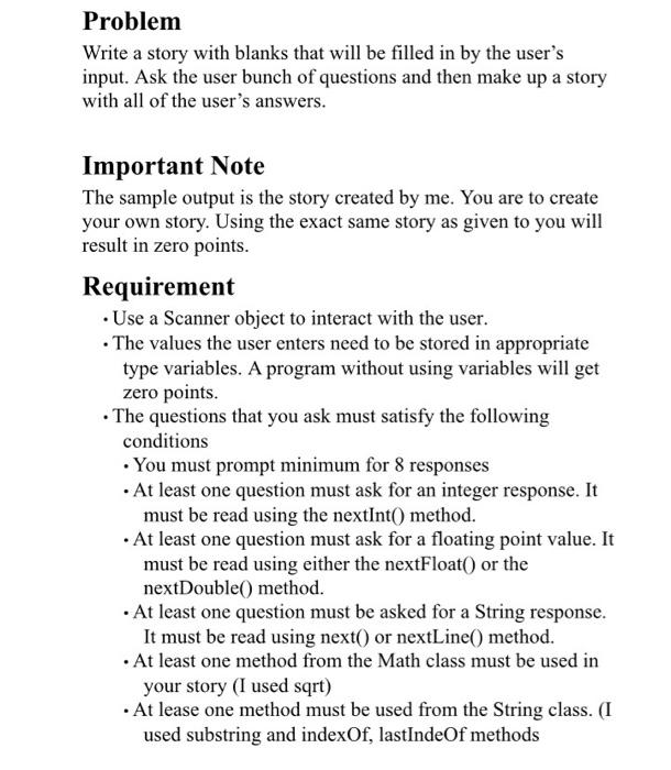 Solved Problem Write a story with blanks that will be filled