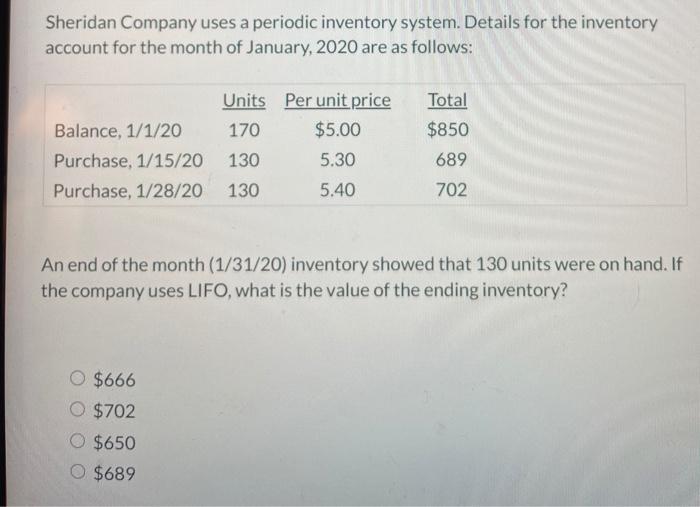 Solved Sheridan Company Uses A Periodic Inventory System Chegg