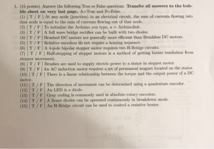 Solved 1. (15 points) Answer the following True or False | Chegg.com