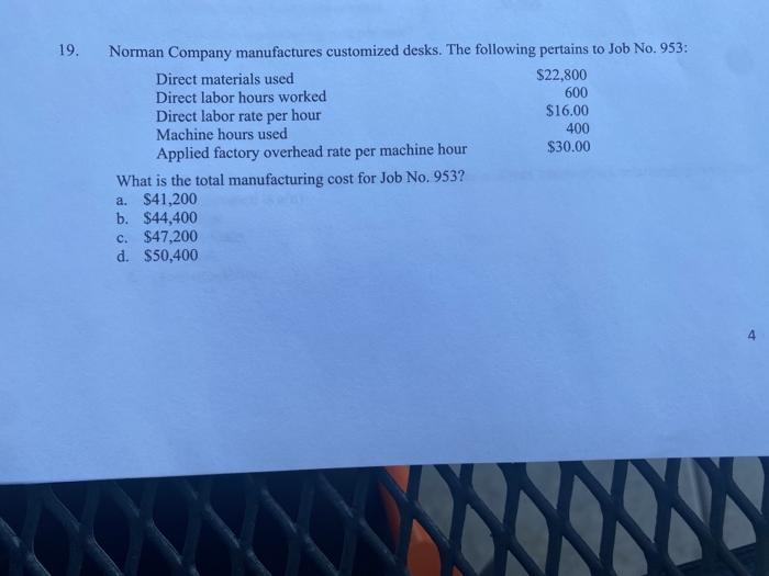 Solved 19. Norman Company manufactures customized desks. The