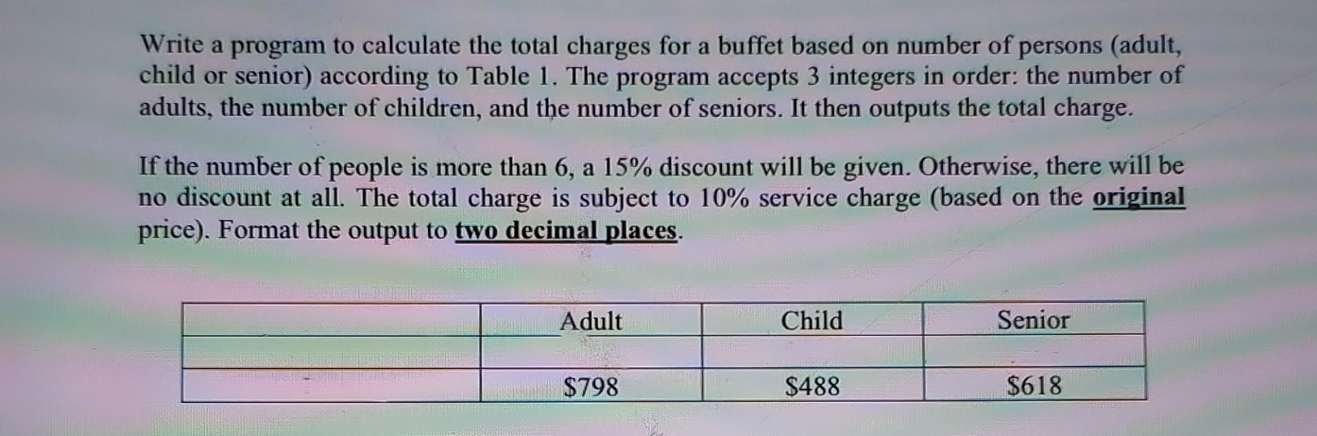 Write a program to calculate the total charges for a | Chegg.com
