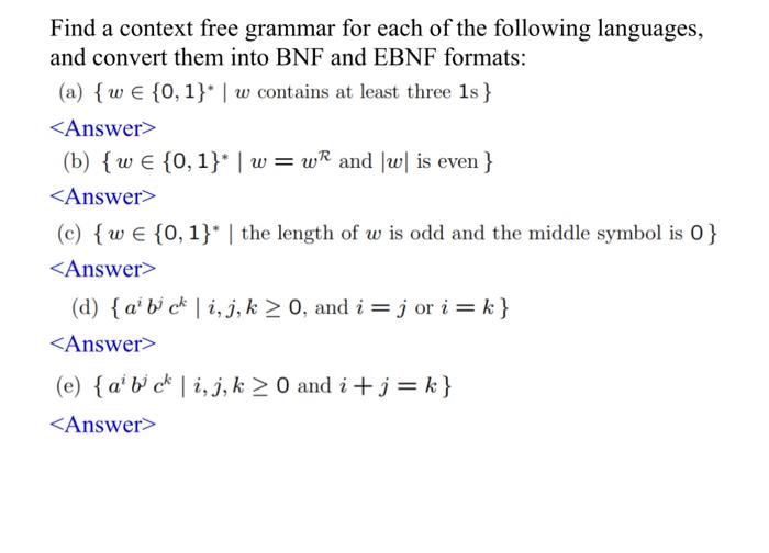 Solved Find A Context Free Grammar For Each Of The Following | Chegg.com