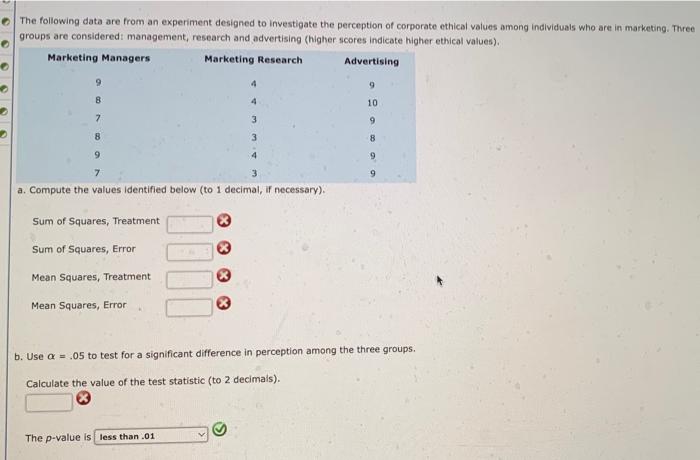 Solved The following data are from an experiment designed to | Chegg.com