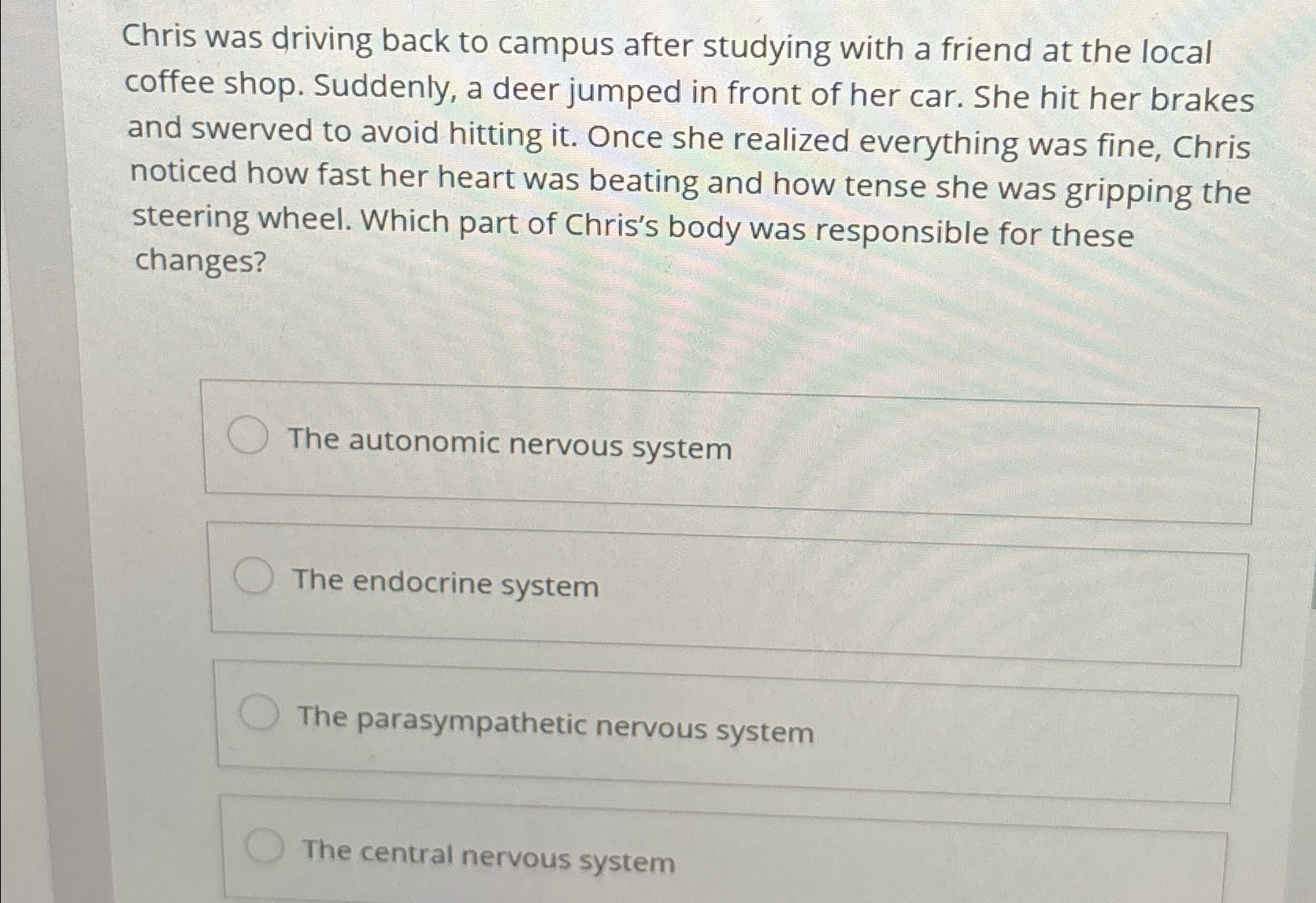 Solved Chris was driving back to campus after studying with | Chegg.com