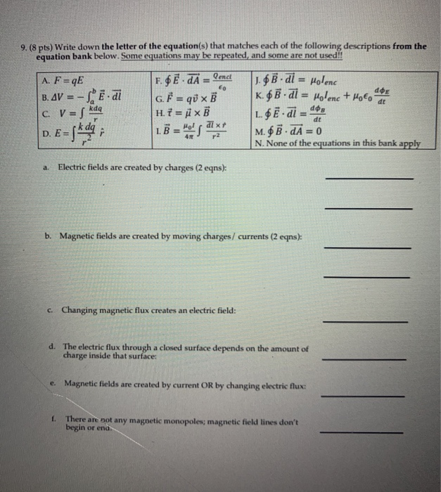 Solved 9. (8 pts) Write down the letter of the equation(s) | Chegg.com