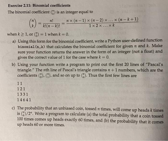 Solved Exercise 2.11: Binomial coefficients The binomial | Chegg.com