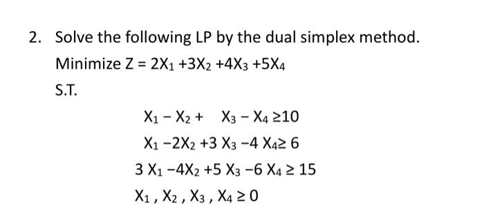 Solved 2. Solve the following LP by the dual simplex method. | Chegg.com