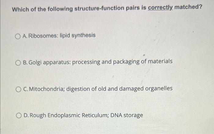 Which of the following structure-function pairs is correctly. matched?
A. Ribosomes: lipid synthesis
B. Golgi apparatus: proc