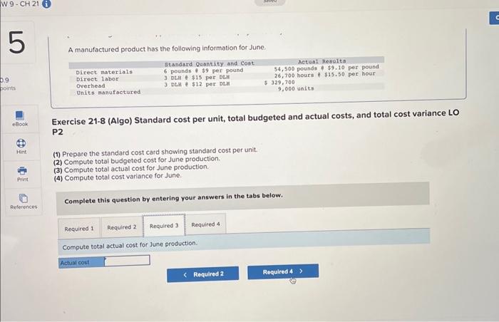 Solved Exercise 21 8 Algo Standard Cost Per Unit Total 5118