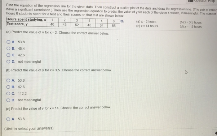 Solved Find the equation of the regression line for the | Chegg.com
