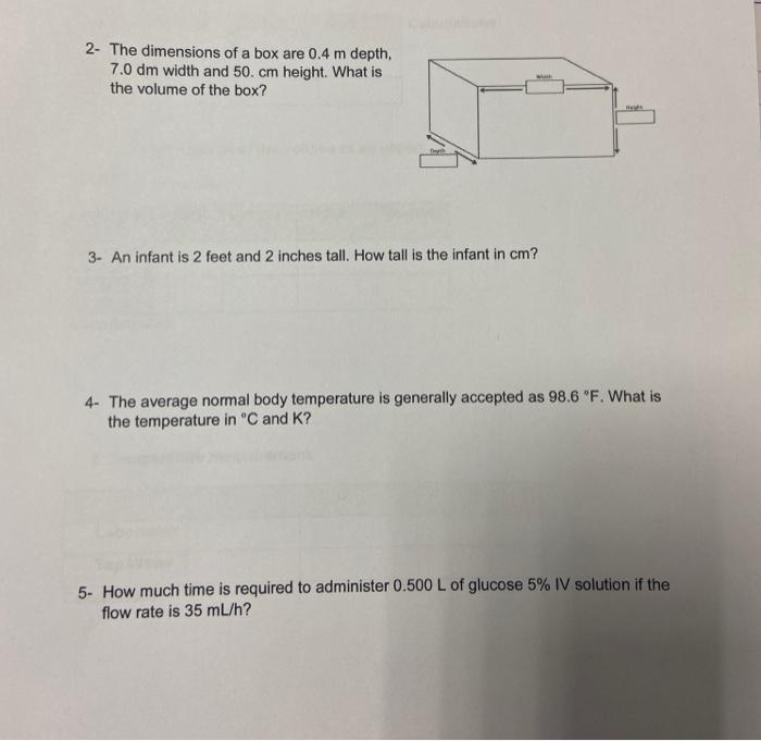 Solved 2 The Dimensions Of A Box Are 0 4 M Depth 7 0 Dm Chegg Com