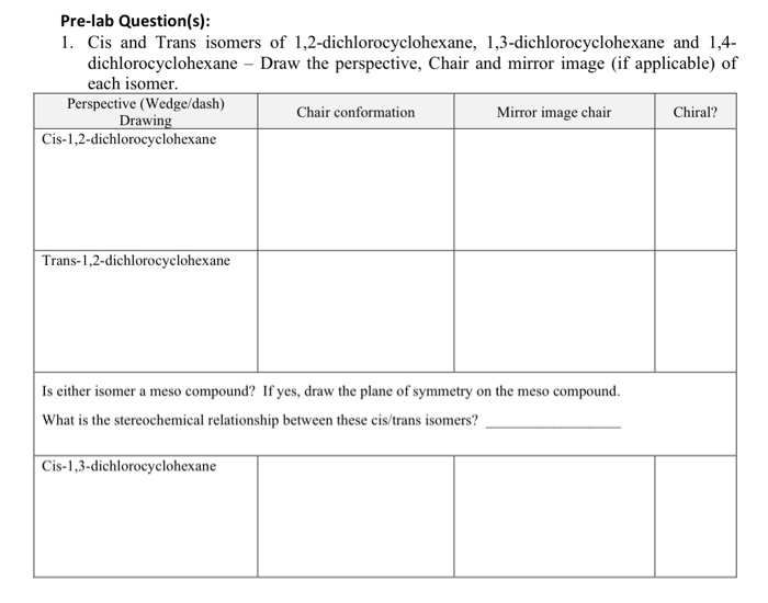 Solved Pre-lab Question(s): 1. Cis and Trans isomers of | Chegg.com