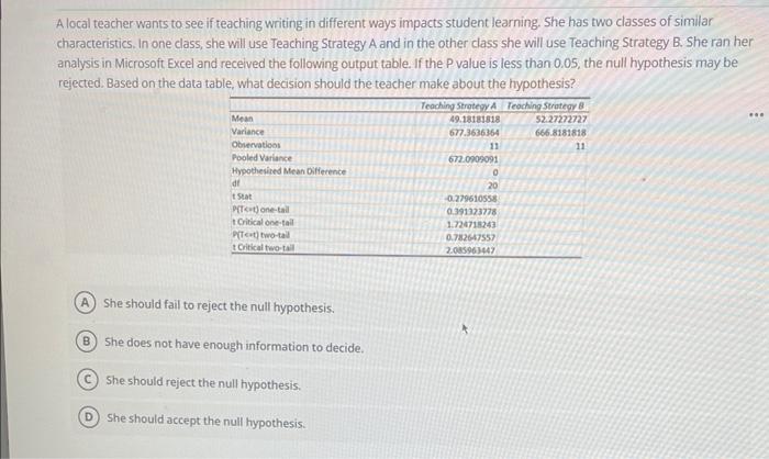 A local teacher wants to see if teaching writing in different ways impacts student learning. She has two classes of similar c