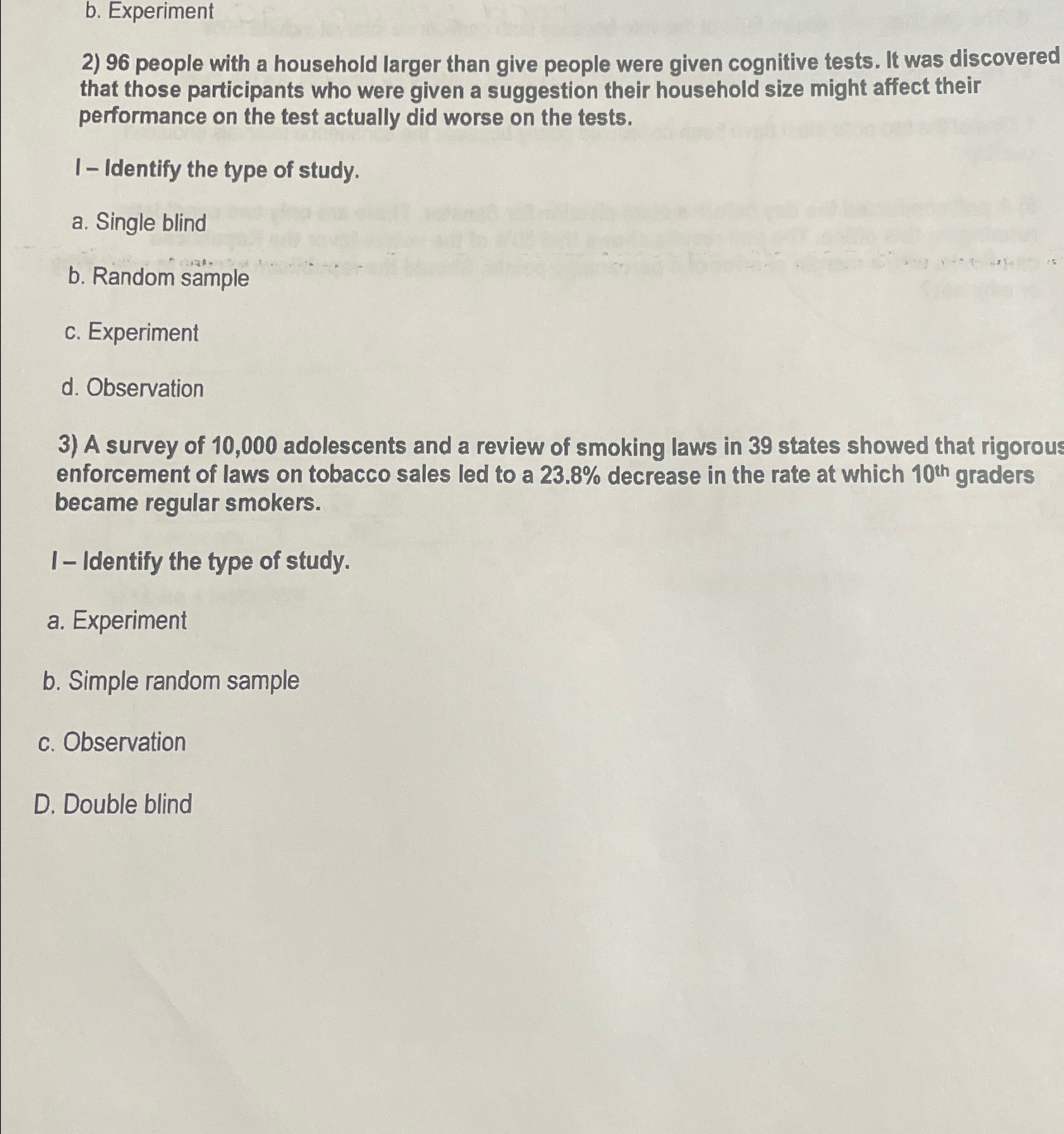 Solved b. ﻿Experiment96 ﻿people with a household larger than | Chegg.com