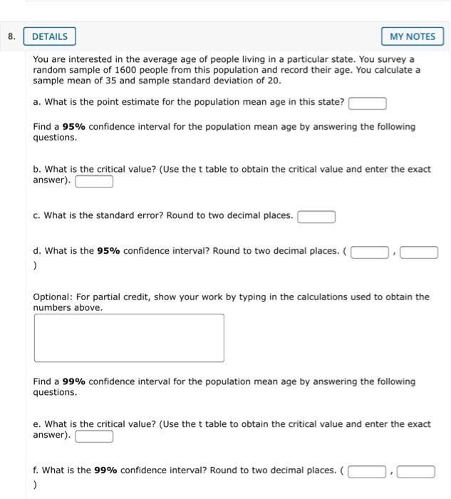 Solved 8. DETAILS MY NOTES You are interested in the average | Chegg.com