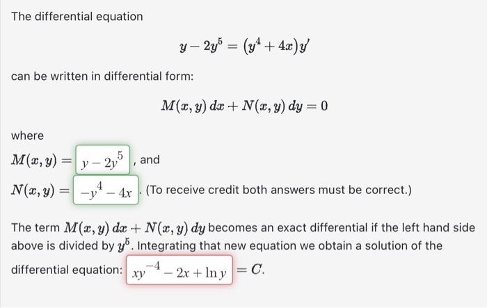 Solved The differential equation y−2y5=(y4+4x)y′ can be | Chegg.com