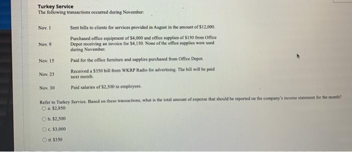 Solved Turkey Service The following transactions occurred | Chegg.com