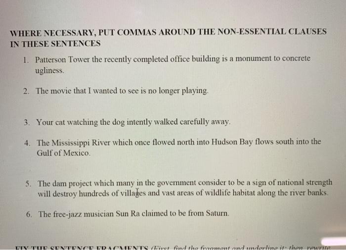 Solved WHERE NECESSARY, PUT COMMAS AROUND THE NON-ESSENTIAL | Chegg.com