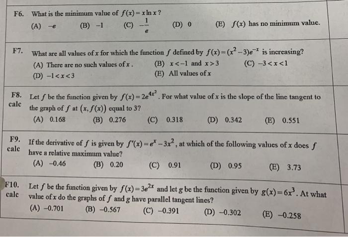 Solved F6 What Is The Minimum Value Of F X X Inx A Chegg Com