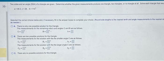 Solved Two sides and an angle (SSA) of a triangle are given. | Chegg.com