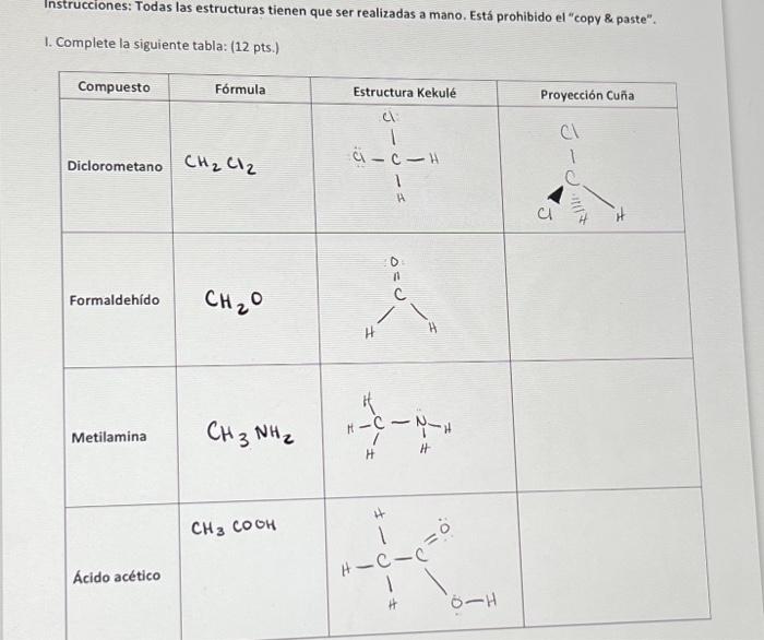 Instrucciones: Todas las estructuras tienen que ser realizadas a mano. Está prohibido el copy \& paste. I. Complete la sigu