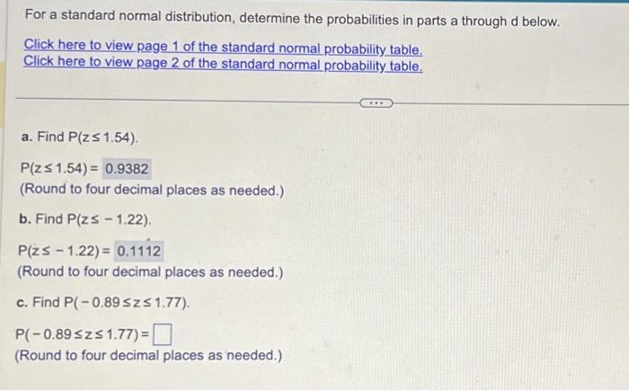 Solved For a standard normal distribution, determine the | Chegg.com