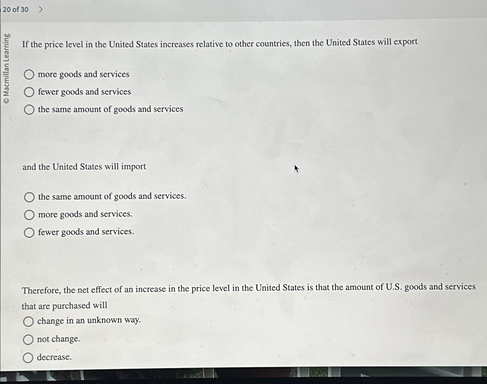 Solved 20 ﻿of 30If the price level in the United States | Chegg.com