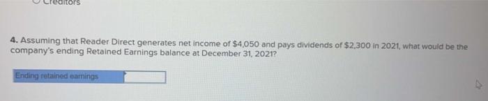 4. Assuming that Reader Direct generates net income of \( \$ 4,050 \) and pays dividends of \( \$ 2,300 \) in 2021 , what wou