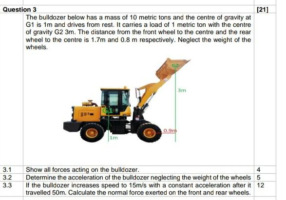 Solved [21] Question 3 The bulldozer below has a mass of 10 | Chegg.com