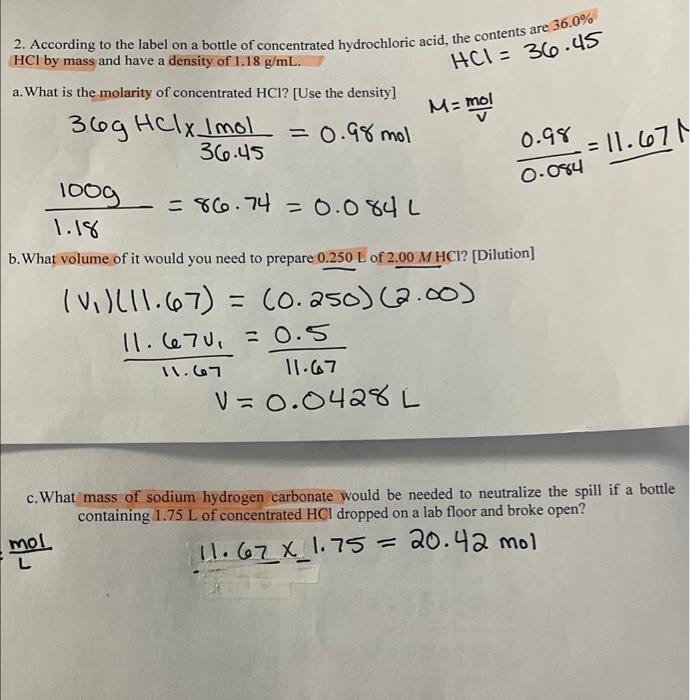 Solved 2. According to the label on a bottle of concentrated | Chegg.com