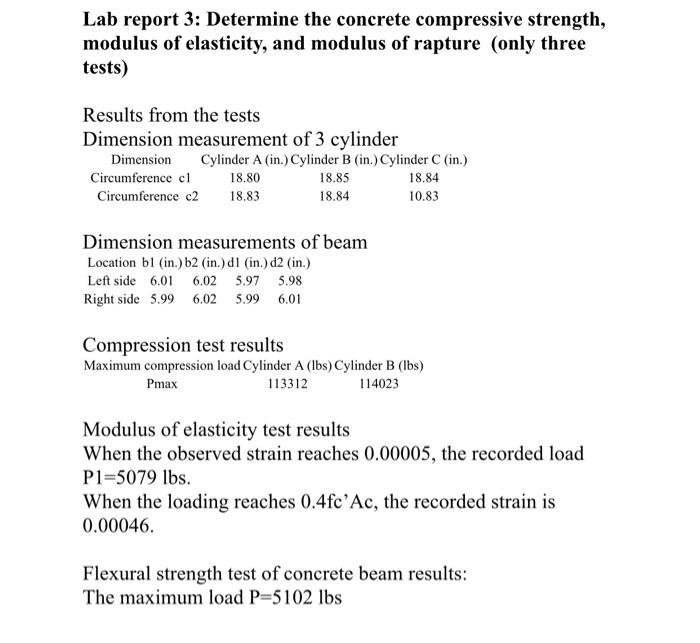 Elastic Modulus and Compressive Strength Results for Core Specimens