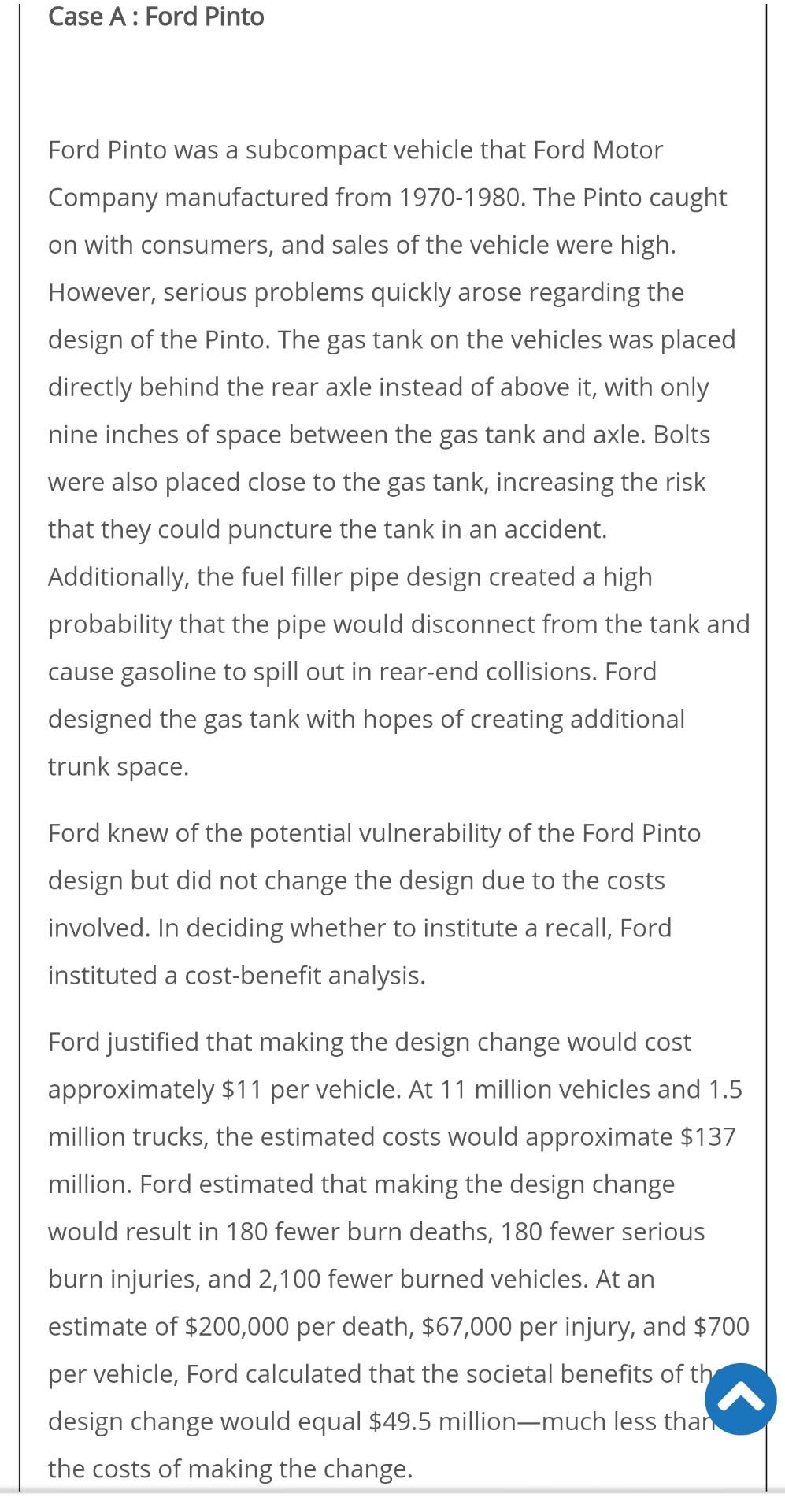 Solved Case A : Ford Pinto Ford Pinto was a subcompact | Chegg.com