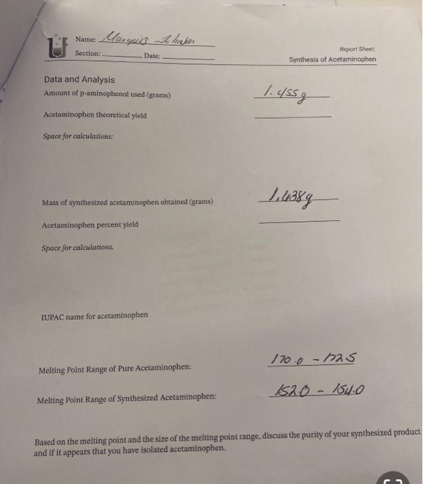 Solved IUPAC name for acetaminophen Melting Point Range of