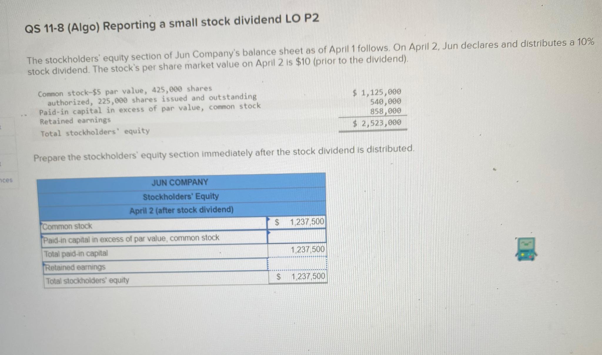 Solved QS 11-8 (Algo) ﻿Reporting a small stock dividend LO | Chegg.com