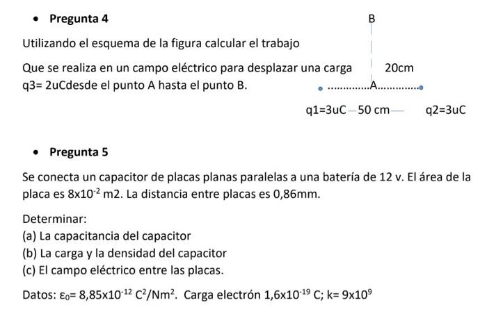 - Pregunta 5 Se conecta un capacitor de placas planas paralelas a una batería de \( 12 \mathrm{v} \). El área de la placa es