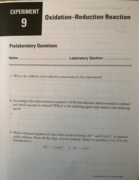 Solved EXPERIMENT OxidationReduction Reaction 9