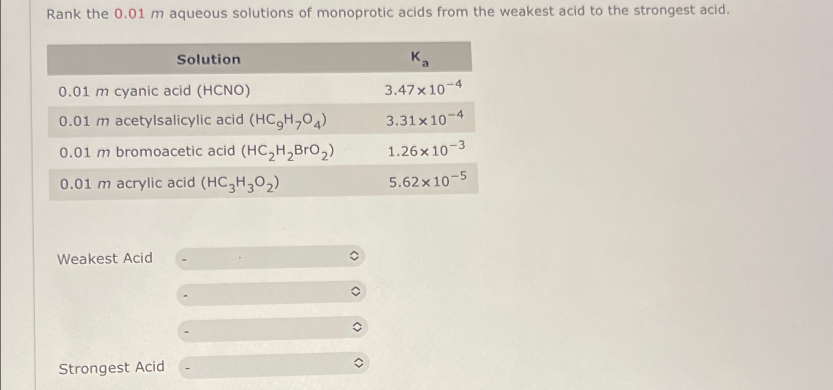 Solved Rank the 0.01m ﻿aqueous solutions of monoprotic acids | Chegg.com