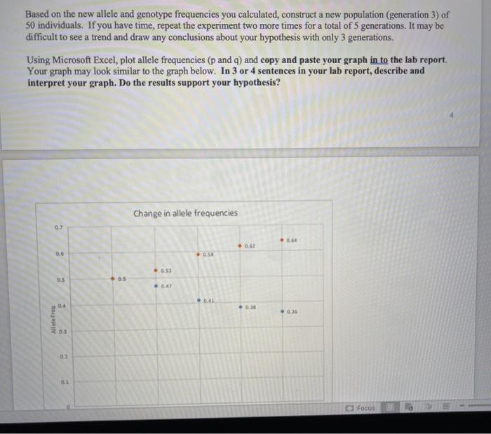 Based on the new allele and genotype frequencies you calculated, construct a new population (generation 3) of 50 individuals.