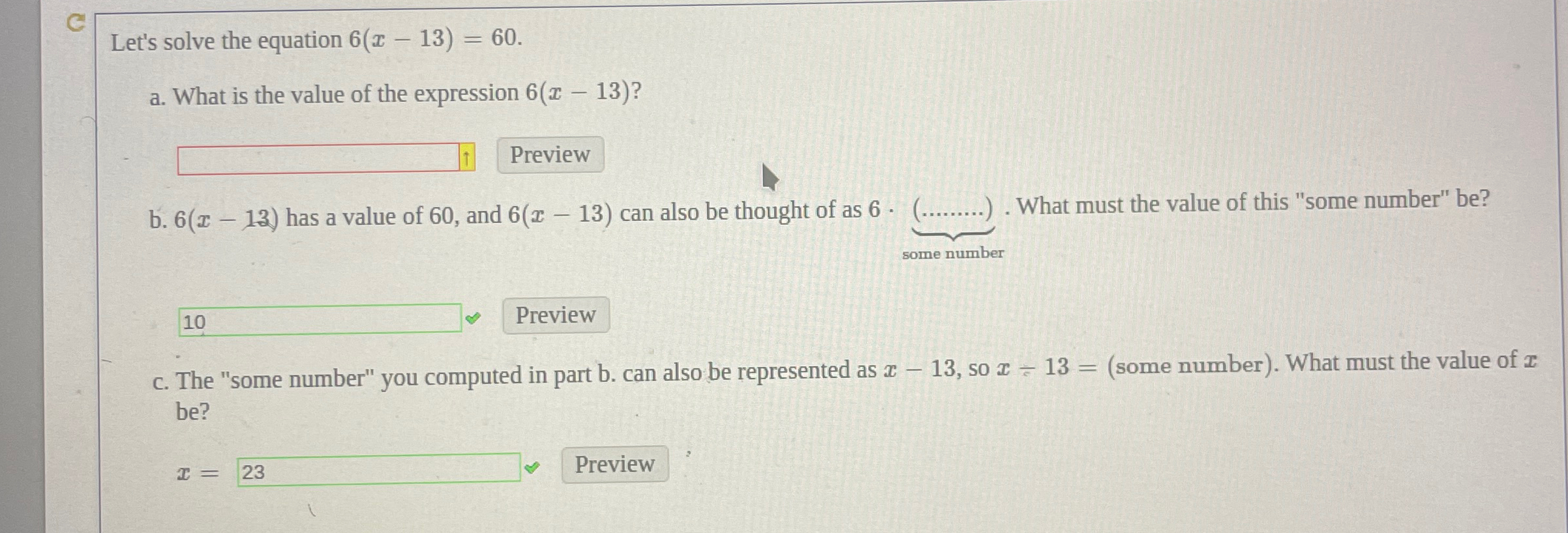 Let's solve the equation 6(x-13)=60.a. ﻿What is the | Chegg.com