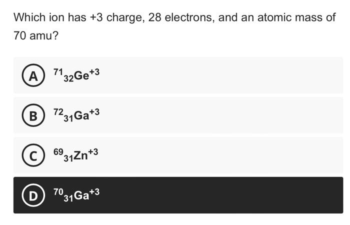 Solved Which ion has +3 charge, 28 electrons, and an atomic | Chegg.com