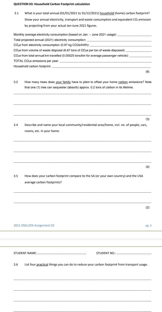 Solved QUESTION 03: Household Carbon Footprint calculation | Chegg.com