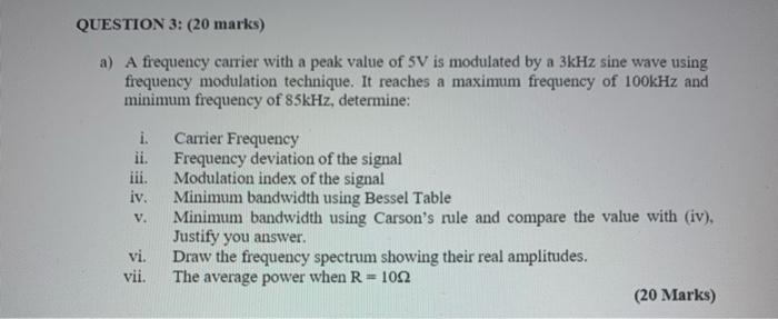 Solved QUESTION 3: (20 marks) a) A frequency carrier with a | Chegg.com